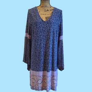 MSK V Neck Dress, Long Bell Sleeve, Blue Size XL